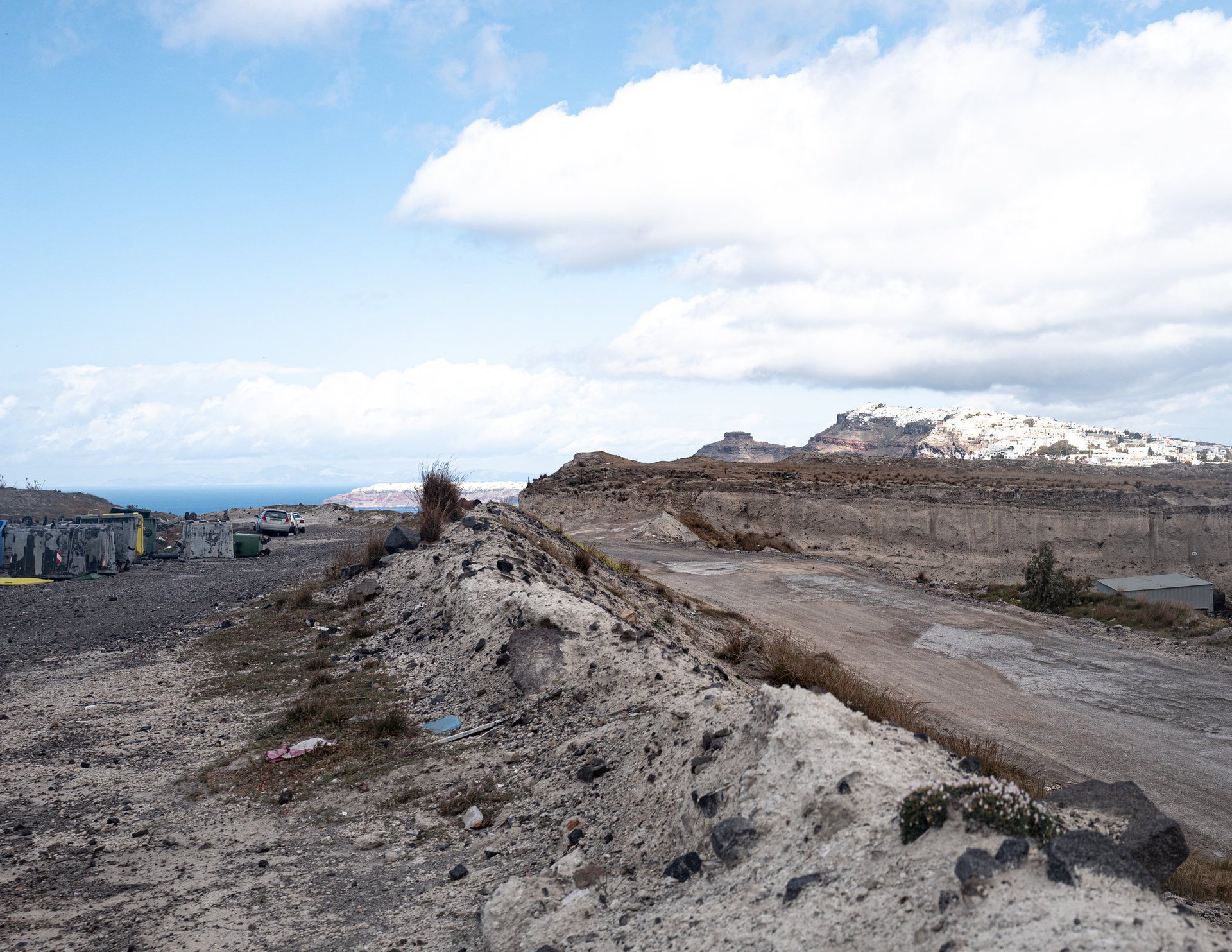A forgotten road crossing the volcanic plateau of inner Santorini