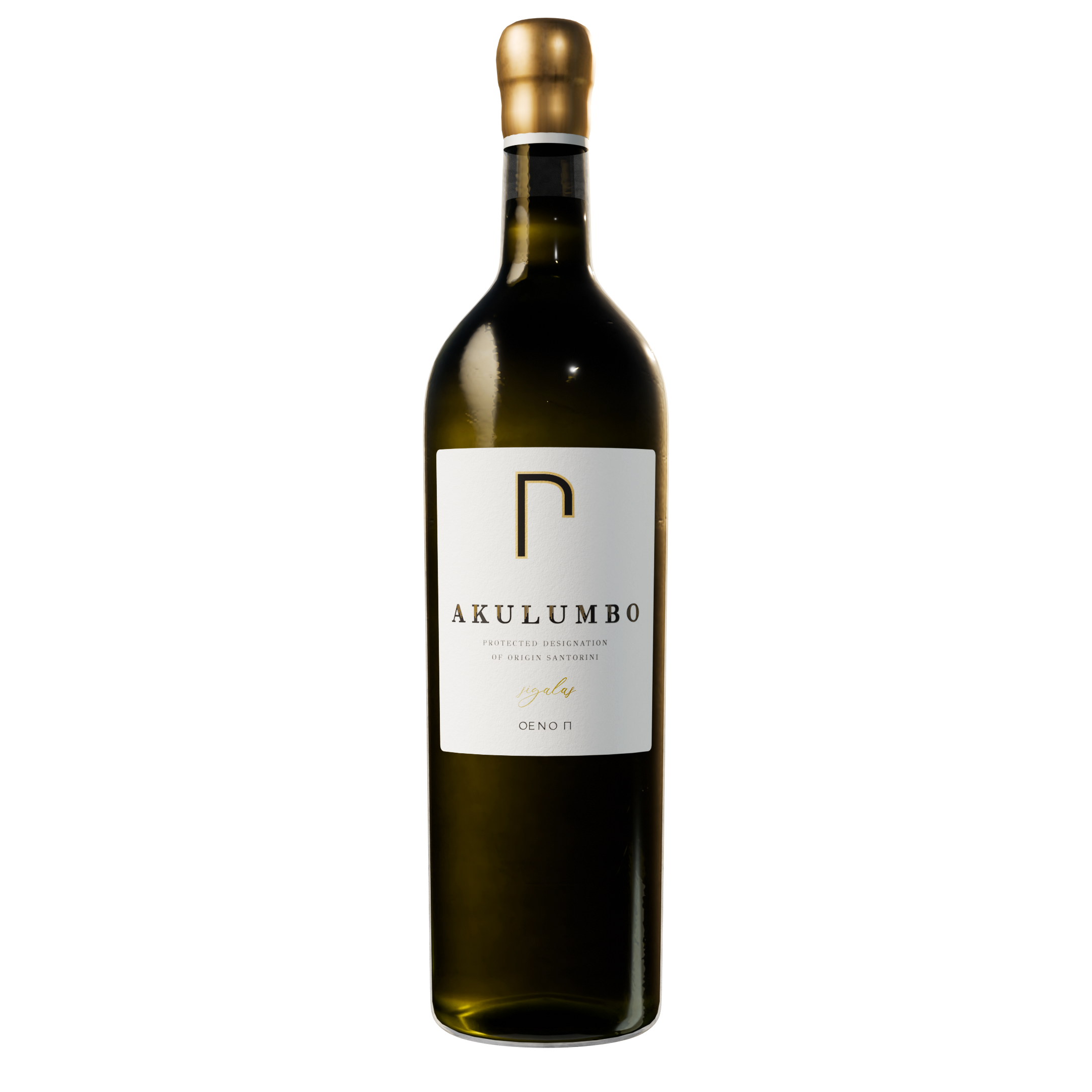 Akulumbo wine bottle — small-production Santorini Assyrtiko by OENO P