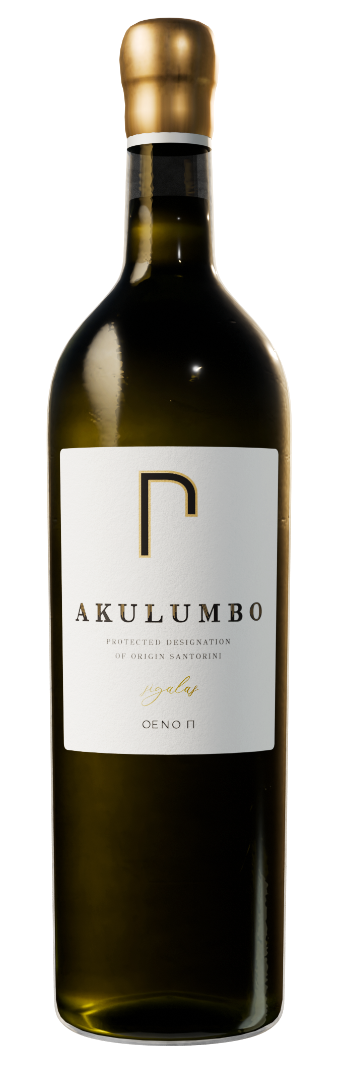 Akulumbo wine bottle — small-production Santorini Assyrtiko by OENO P