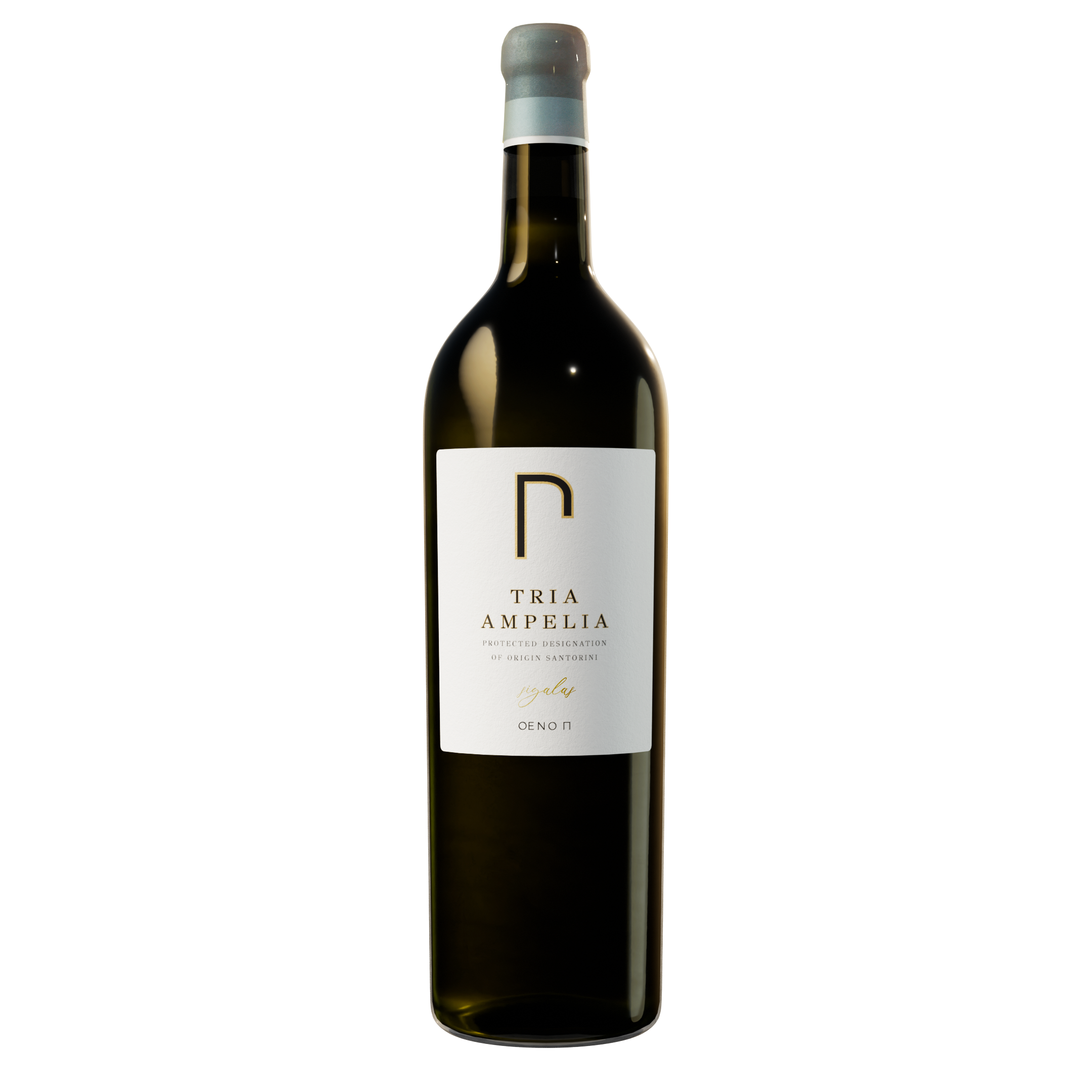 Tria Ampelia wine bottle — PDO Santorini Assyrtiko by OENO P
