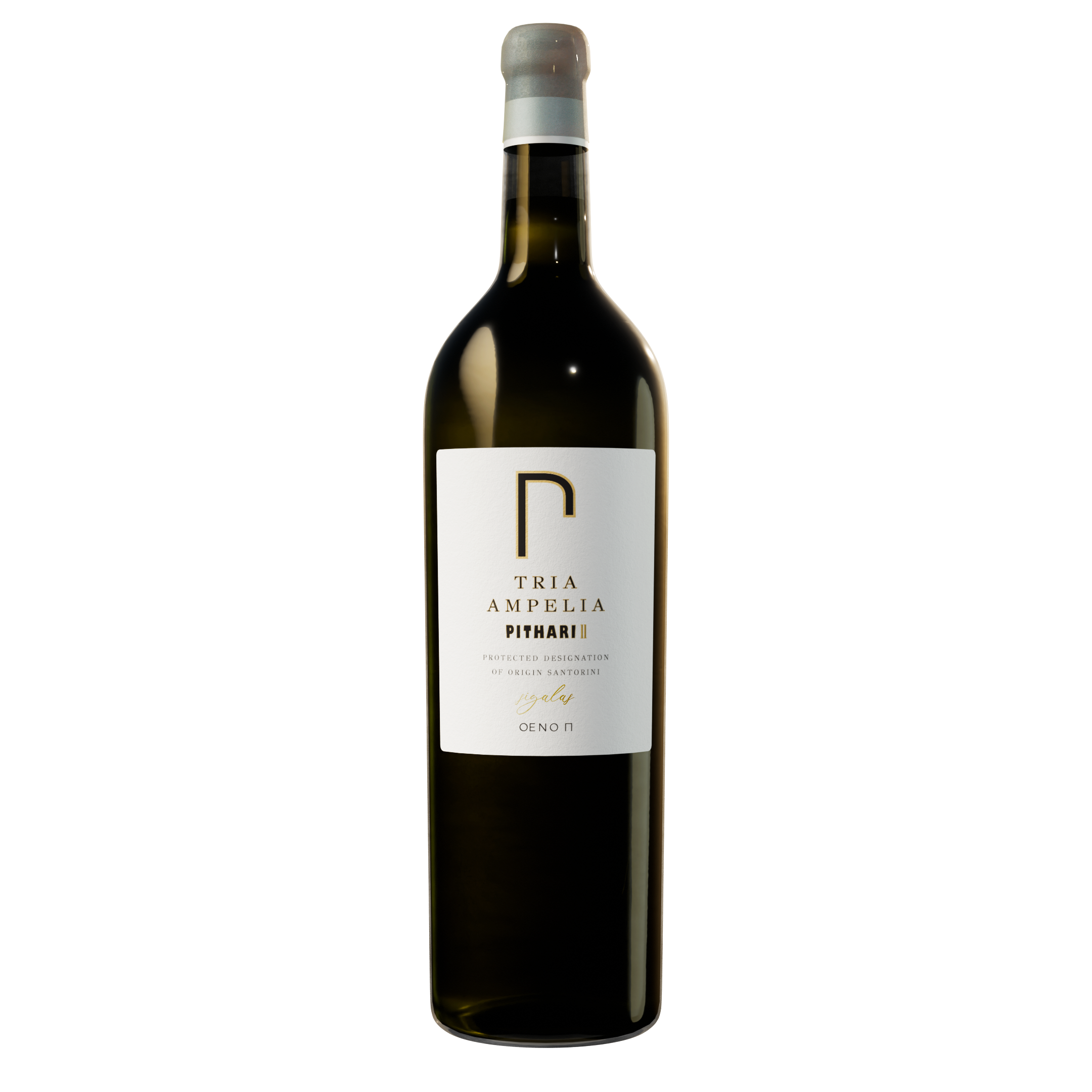 Tria Ampelia Pithari wine bottle — amphora-aged Assyrtiko by OENO P